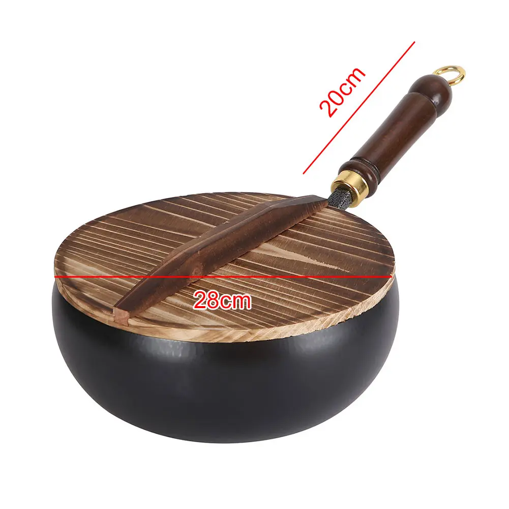 Uncoated Iron Pan with Wooden Handle Frying Pan Flat Bottom Iron Pot for Indoor and Outdoor Cooking