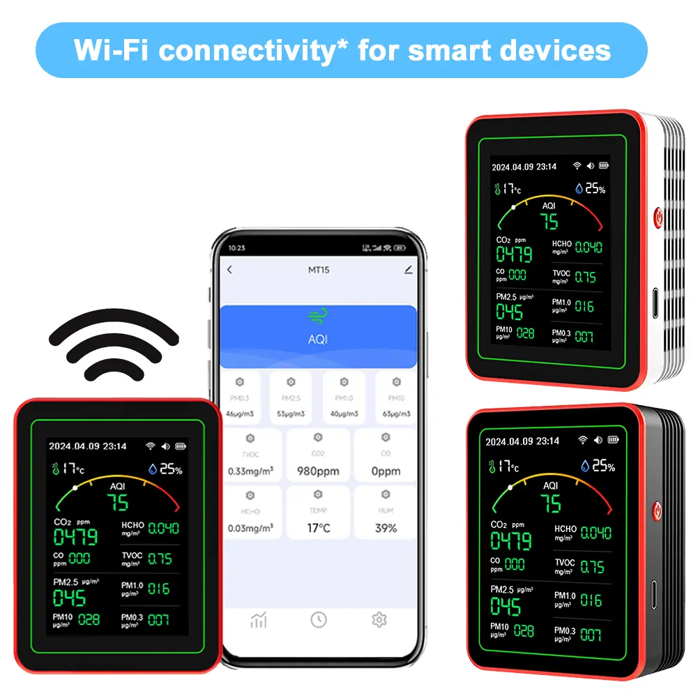 Tuya WiFi 15-in-1 Portable AQI PM0.3 PM1.0 PM2.5 PM10 Tester APP Control Household CO CO2 TVOC HCHO Tester Multifunctional Clock