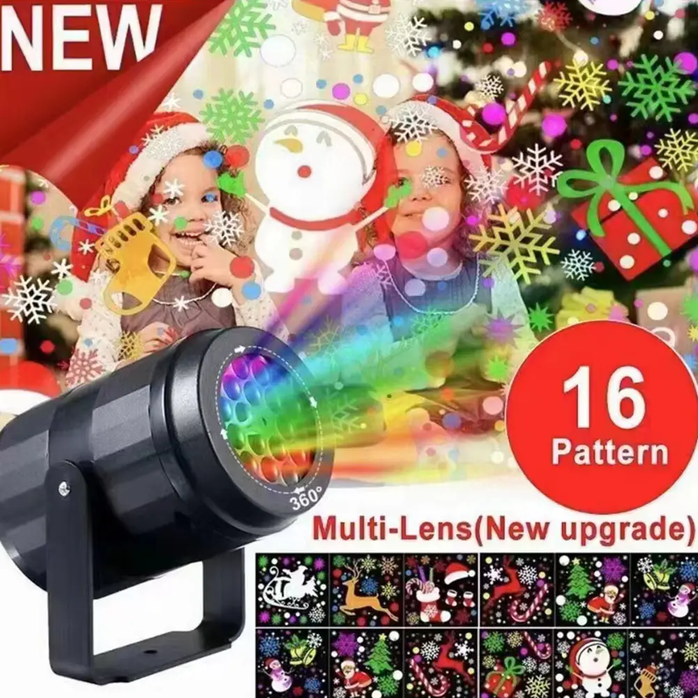 16 Patterns LED Christmas Projector Lamp 360° Rotatable Party Christmas Decoration Lamp Indoor Outdoor Lighting Snow Spotlight