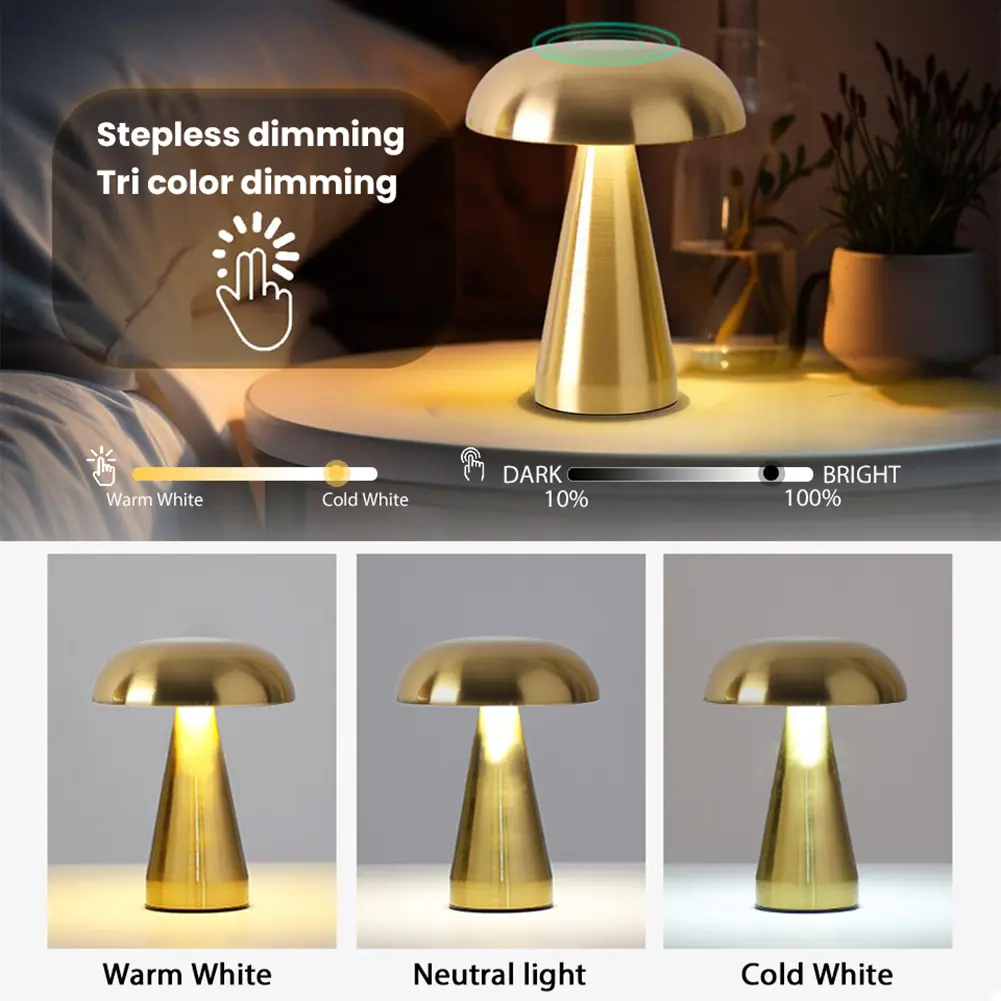 Mushroom LED Night Light Wireless Bedside Lamp USB Rechargeable Simple Reading Light Touch Control 3 Light Colors for Home Decor