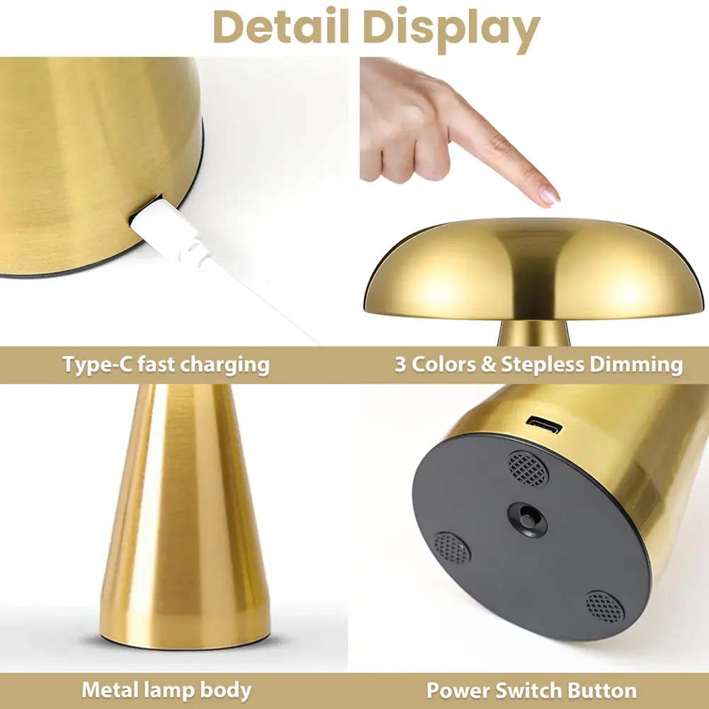 Mushroom LED Night Light Wireless Bedside Lamp USB Rechargeable Simple Reading Light Touch Control 3 Light Colors for Home Decor