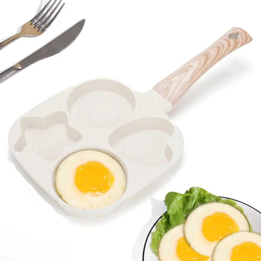4 Hole Omelet Pan Egg Frying Pan Wooden Handle Omelette Skillet Multi-Function Fried Egg Pan for Gas Stove and Induction Cooker