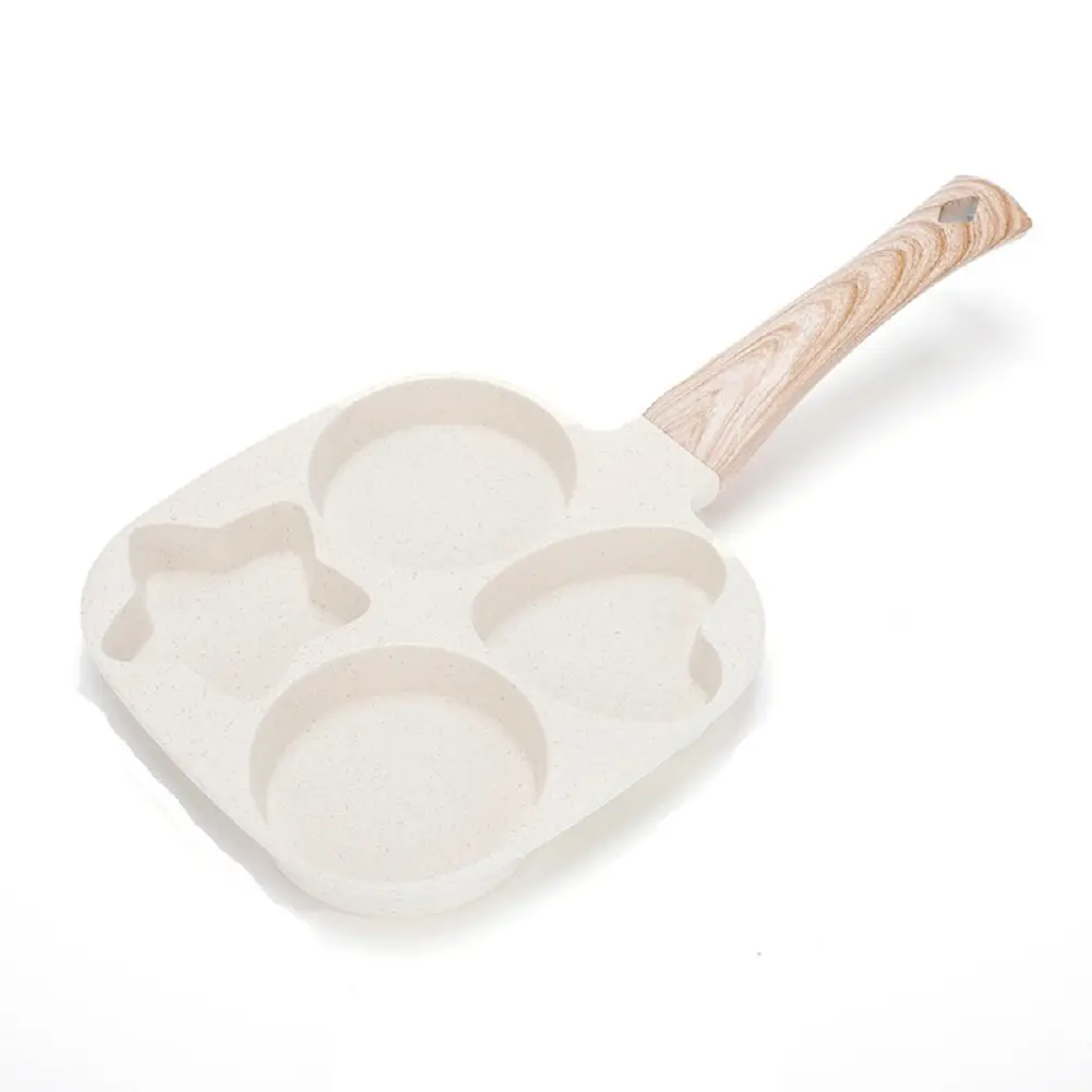 4 Hole Omelet Pan Egg Frying Pan Wooden Handle Omelette Skillet Multi-Function Fried Egg Pan for Gas Stove and Induction Cooker