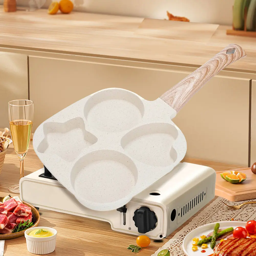 4 Hole Omelet Pan Egg Frying Pan Wooden Handle Omelette Skillet Multi-Function Fried Egg Pan for Gas Stove and Induction Cooker