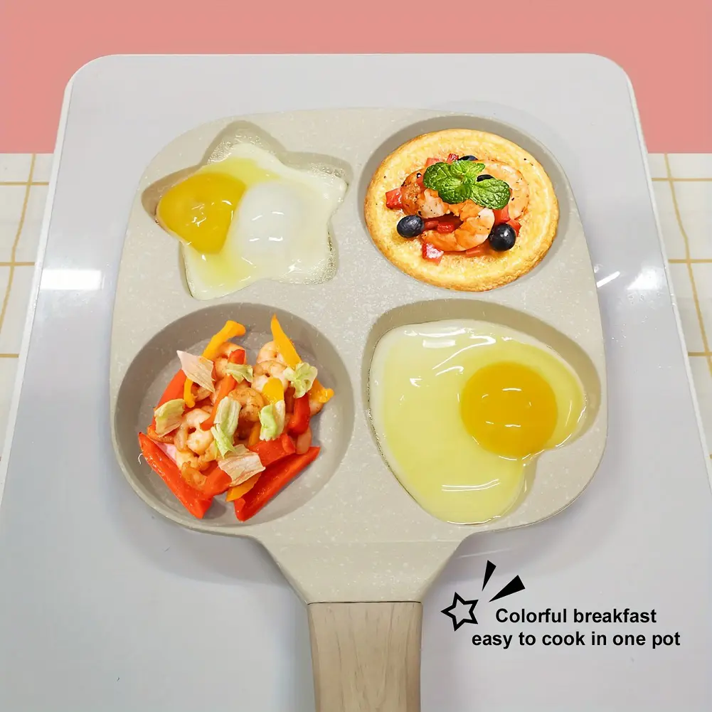 4 Hole Omelet Pan Egg Frying Pan Wooden Handle Omelette Skillet Multi-Function Fried Egg Pan for Gas Stove and Induction Cooker