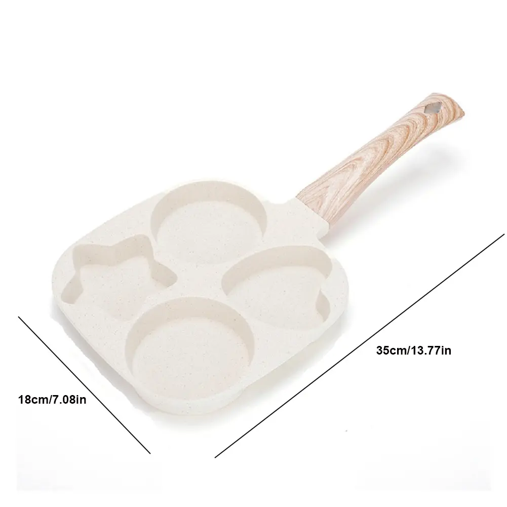 4 Hole Omelet Pan Egg Frying Pan Wooden Handle Omelette Skillet Multi-Function Fried Egg Pan for Gas Stove and Induction Cooker