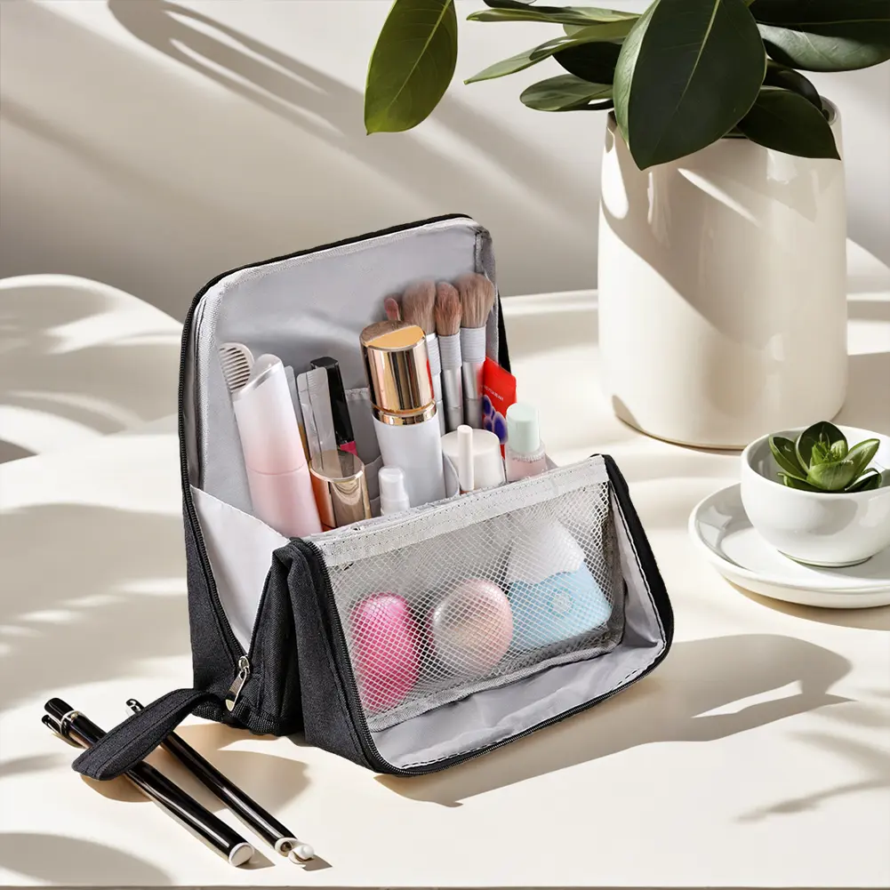 Travel Makeup Organizer with Compartments Waterproof Cosmetic Bag Large Capacity Open Flat Toiletry Bag for Women