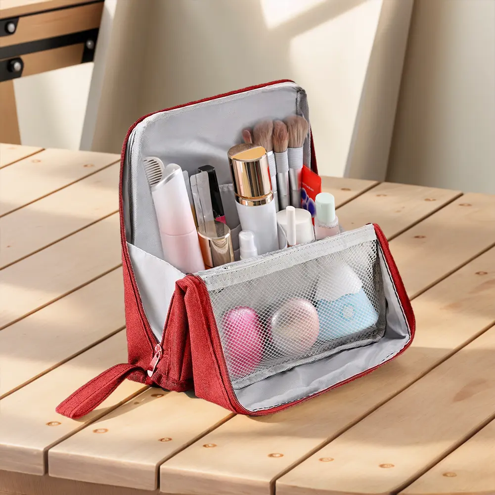 Travel Makeup Organizer with Compartments Waterproof Cosmetic Bag Large Capacity Open Flat Toiletry Bag for Women