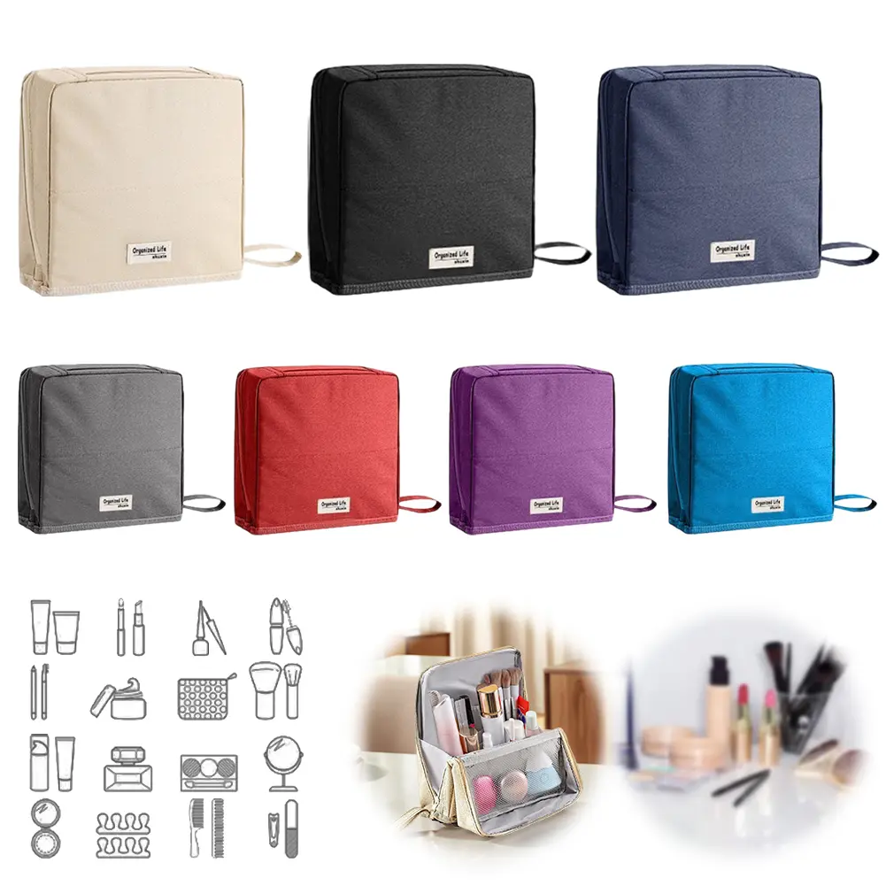 Travel Makeup Organizer with Compartments Waterproof Cosmetic Bag Large Capacity Open Flat Toiletry Bag for Women