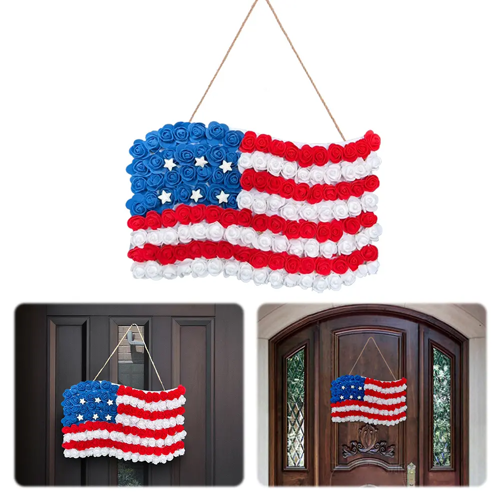 Door Sign Patriotic Ornaments Independence Day Party Supplies 3D National Flag with Simulated Flower Front Door Sign Door Decor