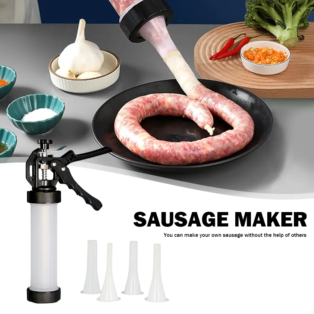 5pcs/Set Homemade Sausage Stuffer Manual Meat Syringe with 5Nozzles Sausage Machine Sausage Filler Meat Injector Meat Maker Tool