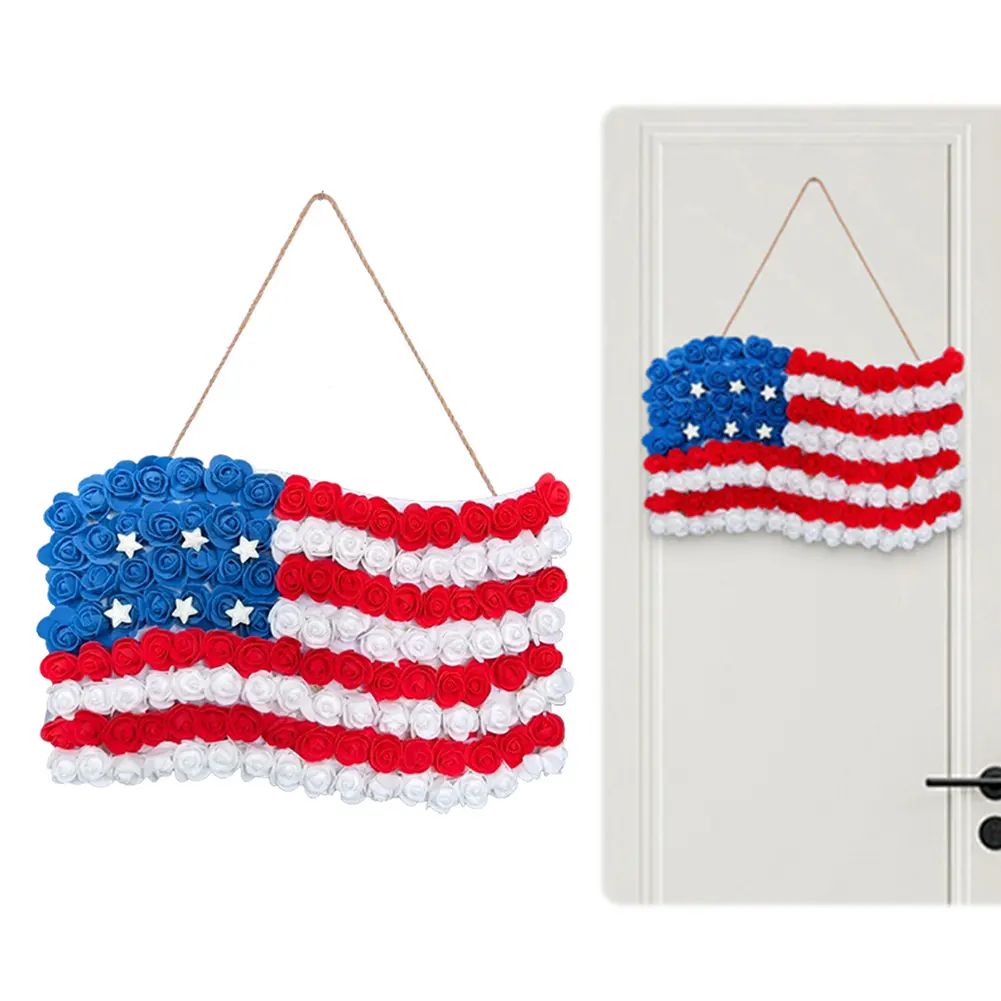 Door Sign Patriotic Ornaments Independence Day Party Supplies 3D National Flag with Simulated Flower Front Door Sign Door Decor