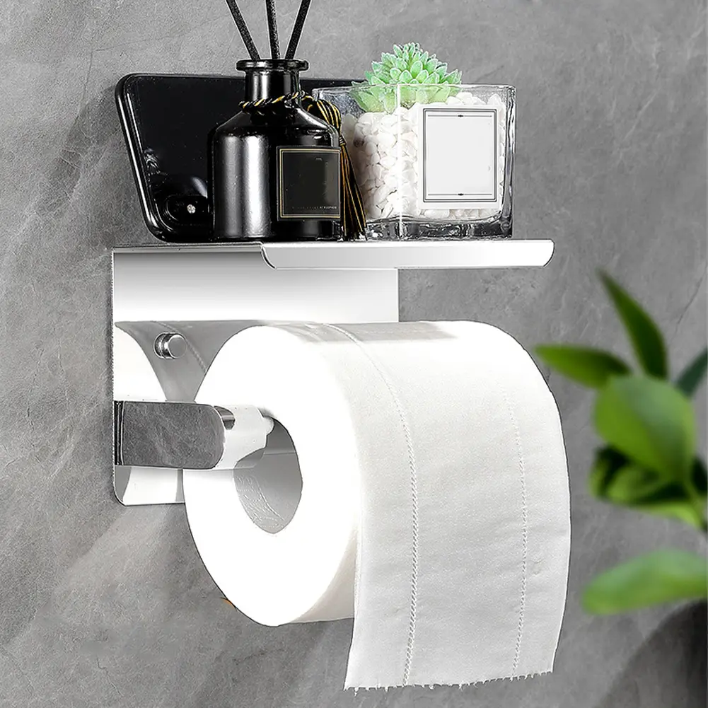 Stainless Steel Toilet Paper Holder with Phone Holder Paper Towel Stand Wall Mounted Floating Paper Shelf for Bathroom Washroom
