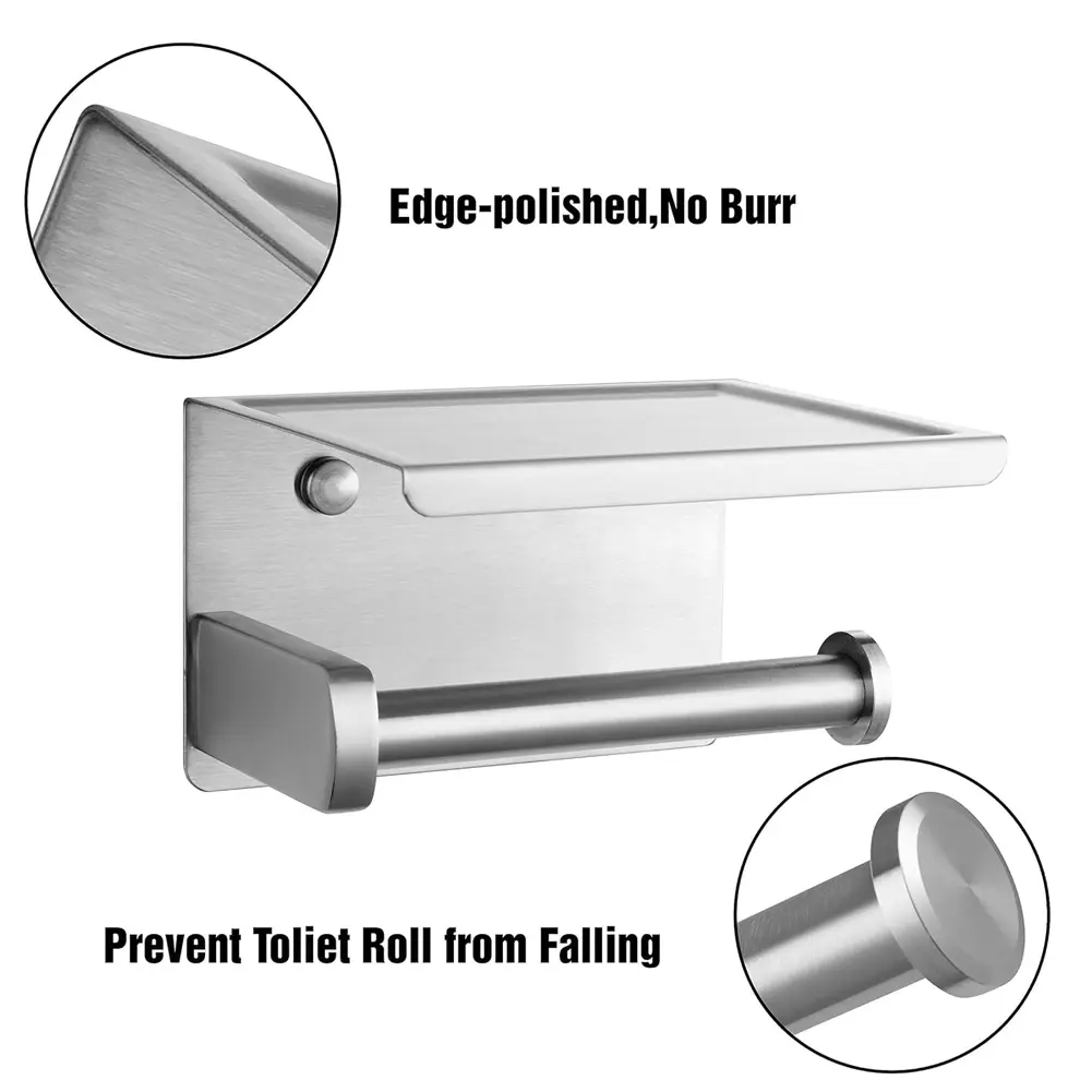 Stainless Steel Toilet Paper Holder with Phone Holder Paper Towel Stand Wall Mounted Floating Paper Shelf for Bathroom Washroom