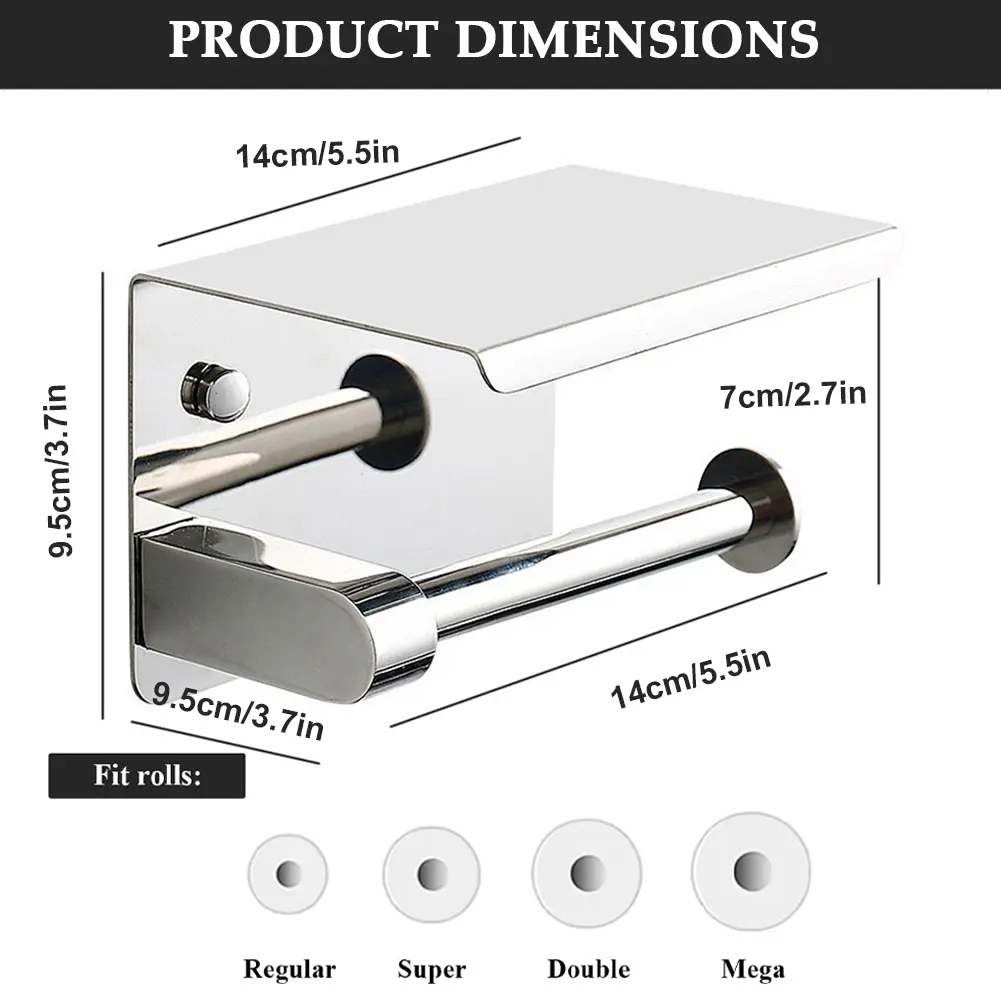 Stainless Steel Toilet Paper Holder with Phone Holder Paper Towel Stand Wall Mounted Floating Paper Shelf for Bathroom Washroom