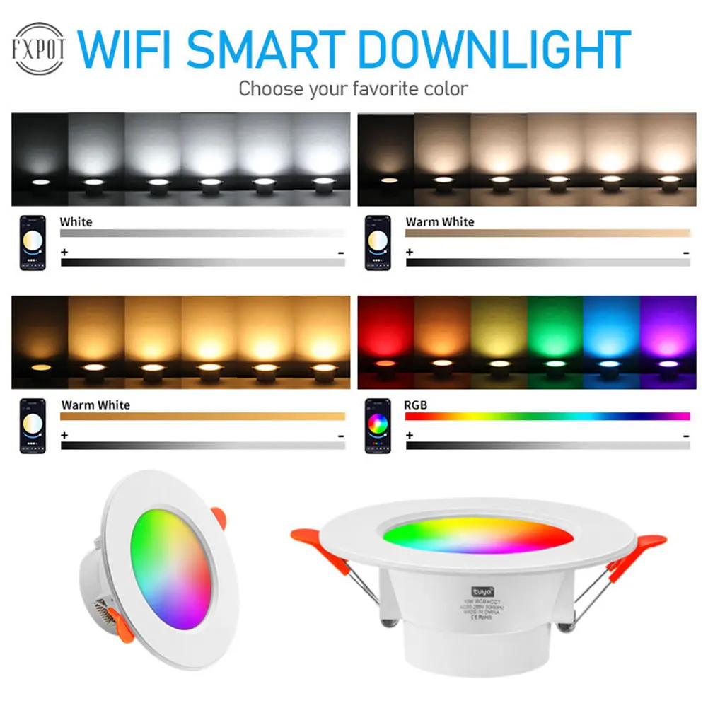 1-6PCS 10W Tuya Smart LED Downlight Dimming Round Spot Light 10W RGB Color Changing Lamp E26 85-265V Dimming Spot Lamp