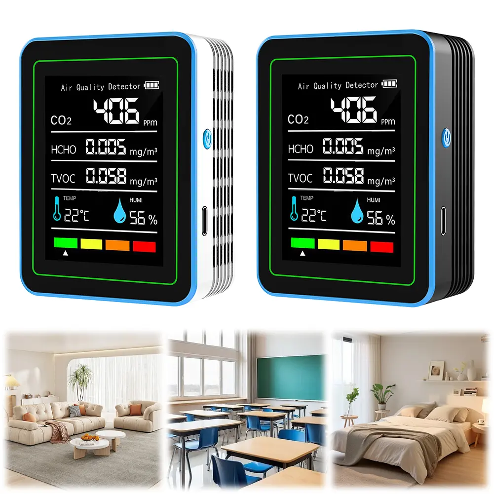5-in-1 Air Quality Monitor CO2 Detector USB Charging Air Quality Tester Temperature and Humidity Monitor for Home Office School
