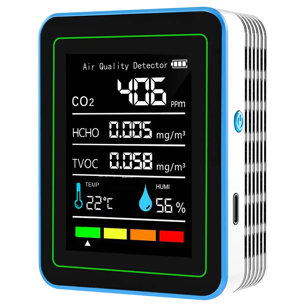 5-in-1 Air Quality Monitor CO2 Detector USB Charging Air Quality Tester Temperature and Humidity Monitor for Home Office School
