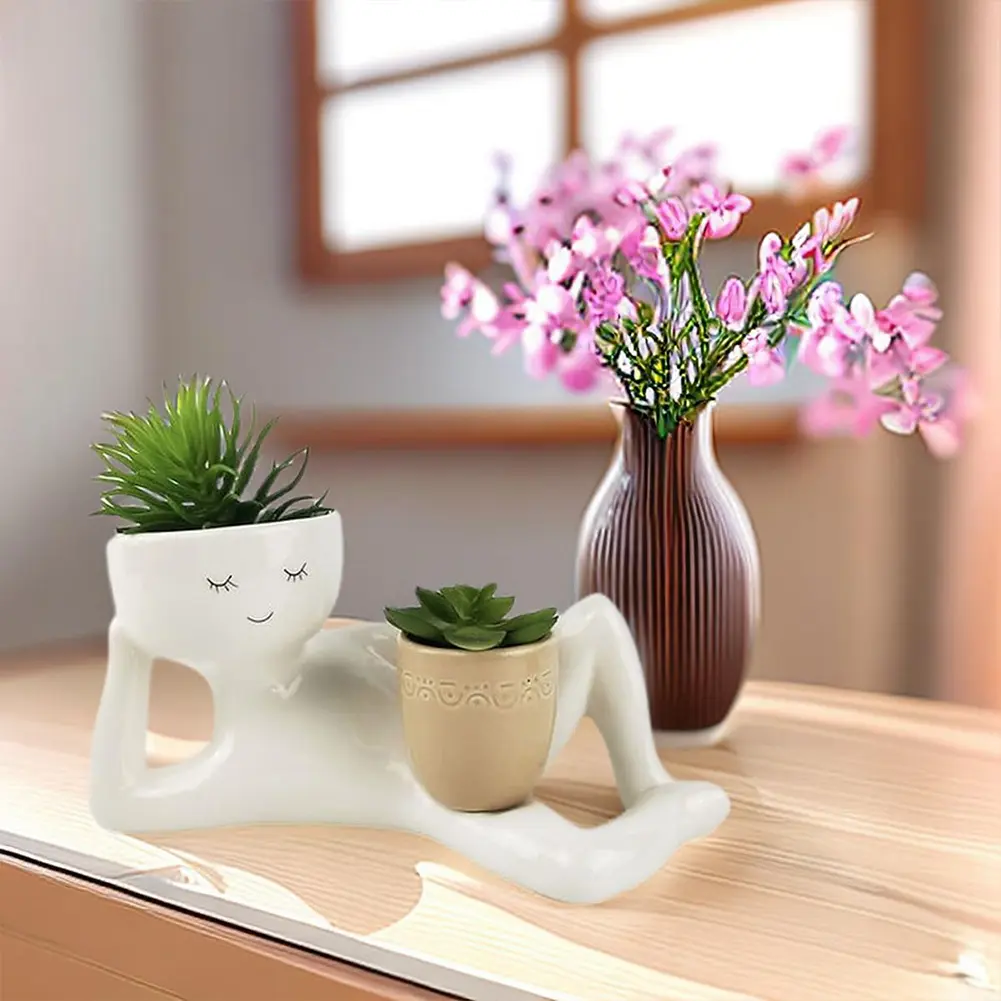 Lazy Guy Planter Lazy Little Character Flowerpot Relaxing Person Holding Pot Planter Succulent Pot for Succulents Cactus