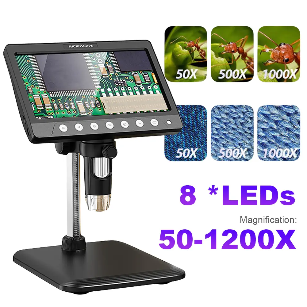 7 Inch Digital Microscope 5MP 1200X Coin Microscope 1080P Video Microscope for Adult Soldering With 8 LEDs Lights Dropshipping