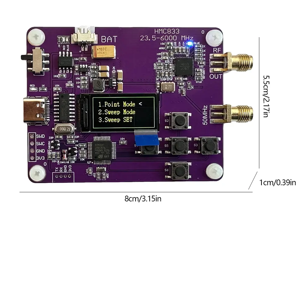 HMC833 6Ghz RF Signal Source Transmitter 23.5MHZ-6000MHz Charging Module 0.96inch OLED Screen Display