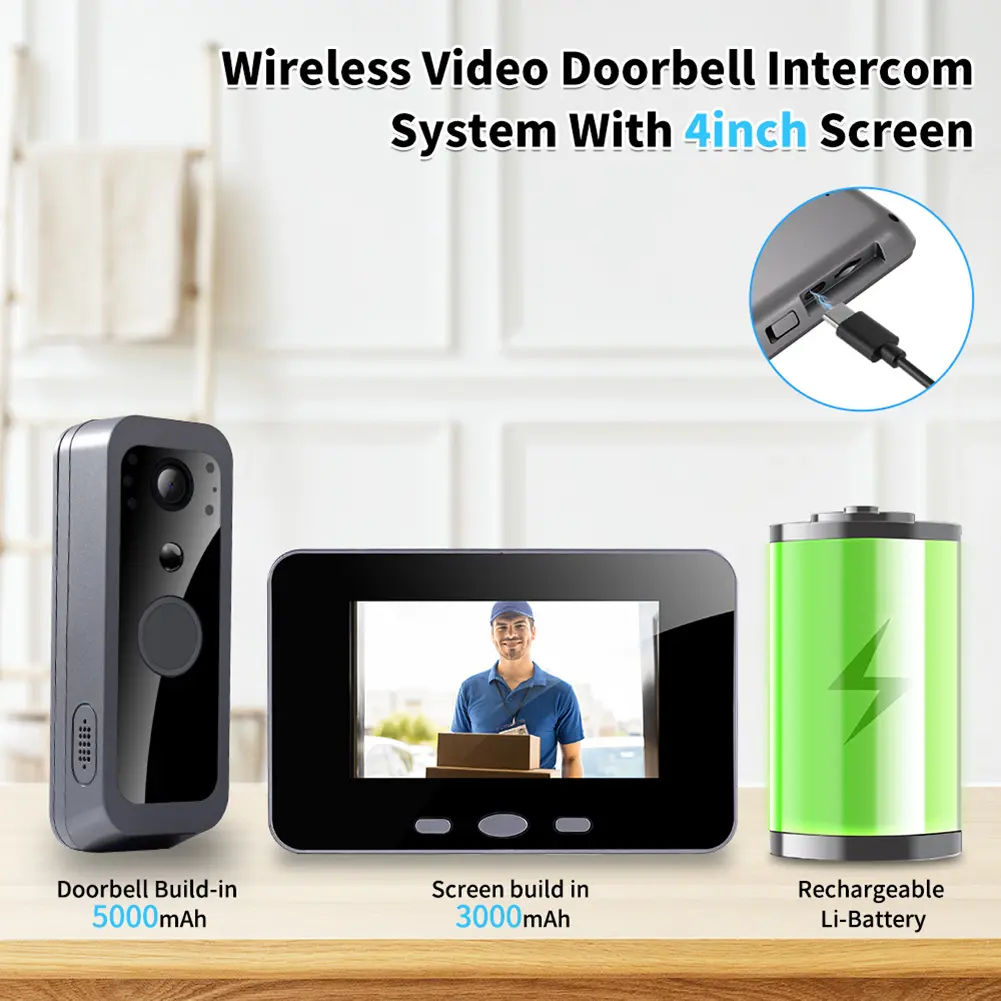 2.4G Video Monitoring Intelligent Doorbell 4.0 Inch IPS Screen Door Bell Intercom System Doorbell with Camera Monitor for Villa