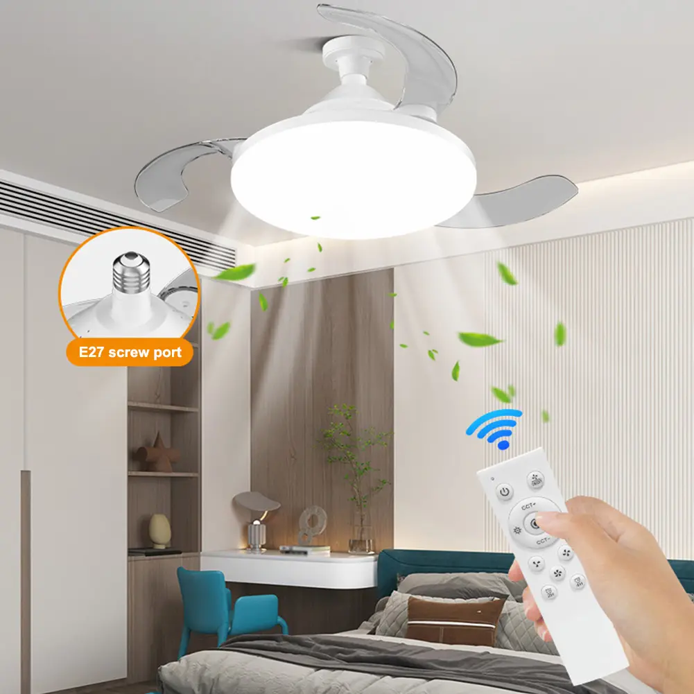 Household Invisible Blades Fan Lights Restaurant Ceiling Fan Light Remote Dimmable LED Living Room Hidden Fan Light E27 Base