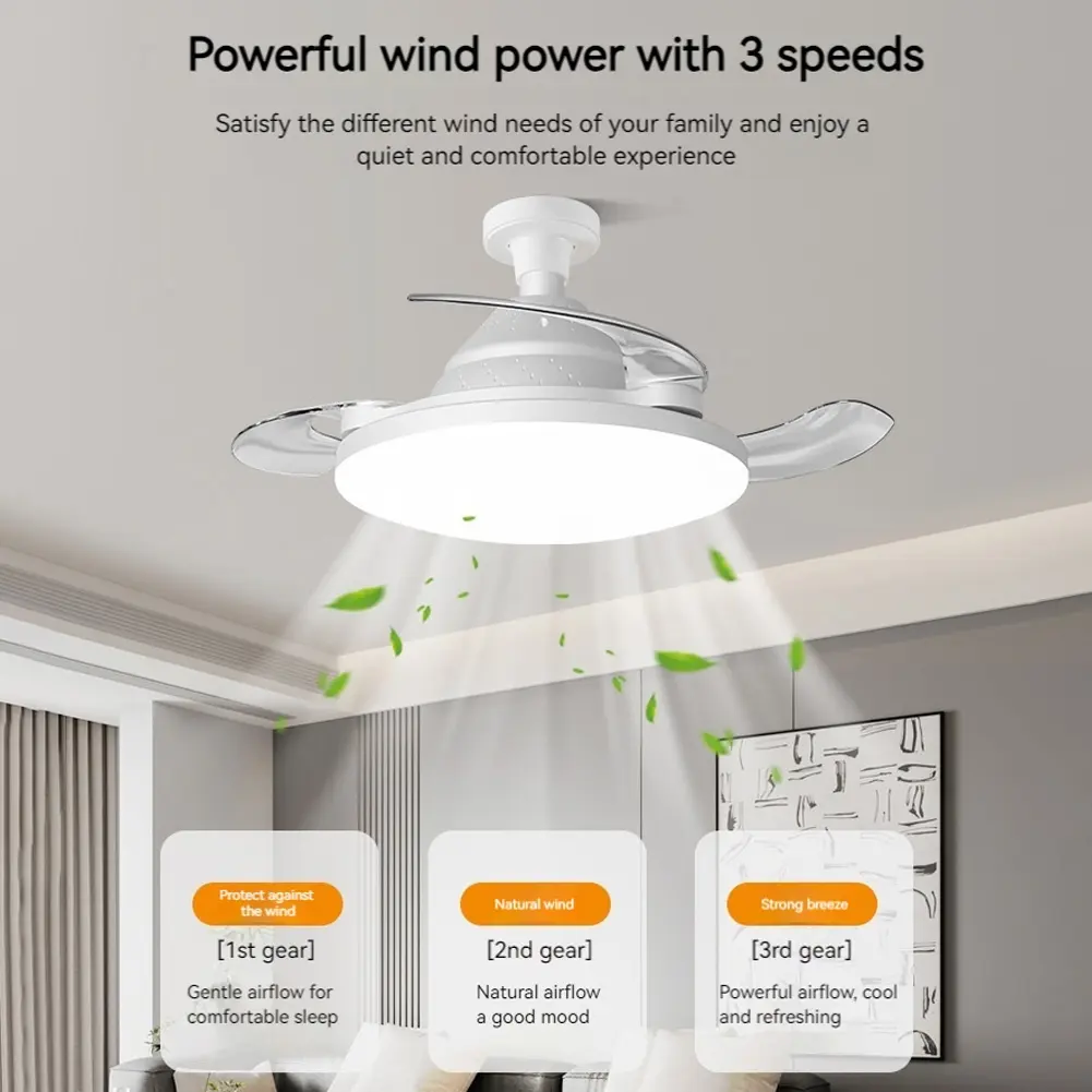 Household Invisible Blades Fan Lights Restaurant Ceiling Fan Light Remote Dimmable LED Living Room Hidden Fan Light E27 Base