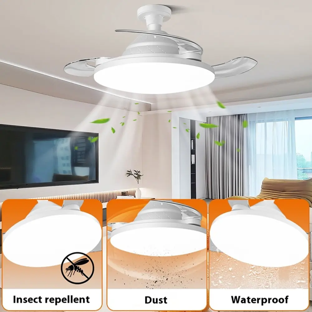 Household Invisible Blades Fan Lights Restaurant Ceiling Fan Light Remote Dimmable LED Living Room Hidden Fan Light E27 Base