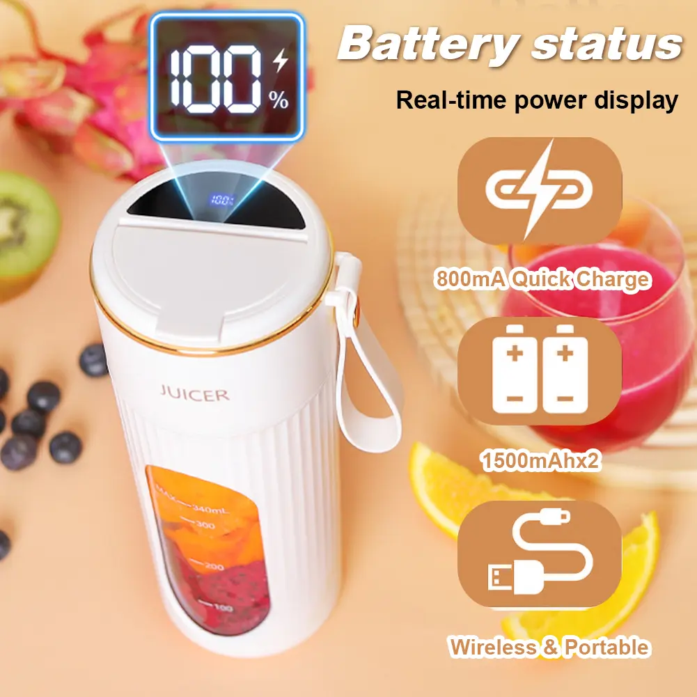 340ml Portable Juicer Electric Juicer Cup Rechargeable Blender Cup 1200mAh Mini Electric Juicer 14 Blades for Home Office Travel