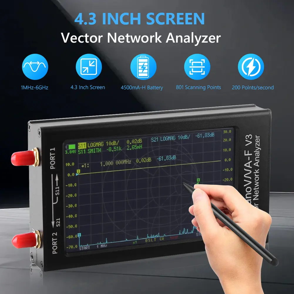 NanoVNA-F V3 Vector Network Analyzer 4.3 Inch Screen Portable Vector Network Analyzer with 4500mAh 1MHz-6GHz VNA Analyzer