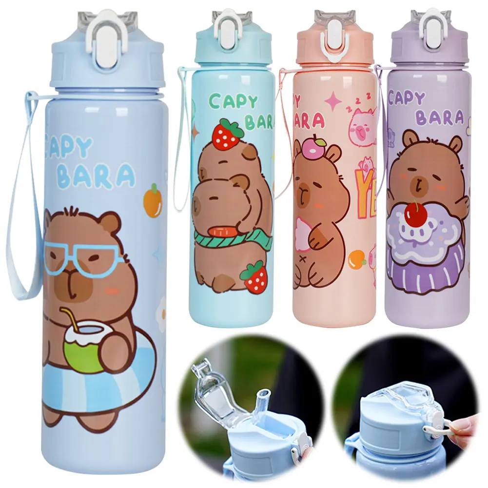 700ml Leak-Proof Water Bottle Capybara Cartoon Straw Cups Large-capacity Water Cups with Carry Strap Portable Bottle for Sports