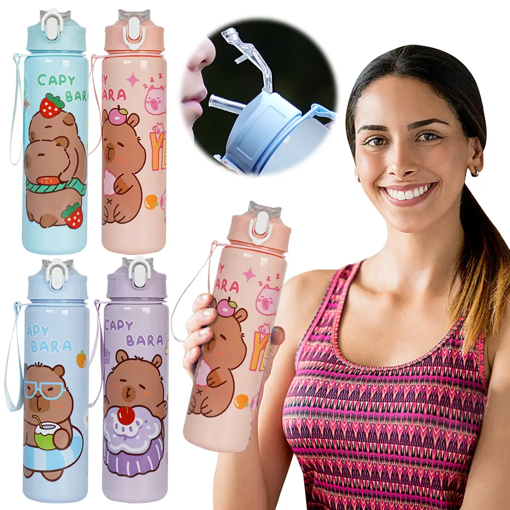 700ml Leak-Proof Water Bottle Capybara Cartoon Straw Cups Large-capacity Water Cups with Carry Strap Portable Bottle for Sports