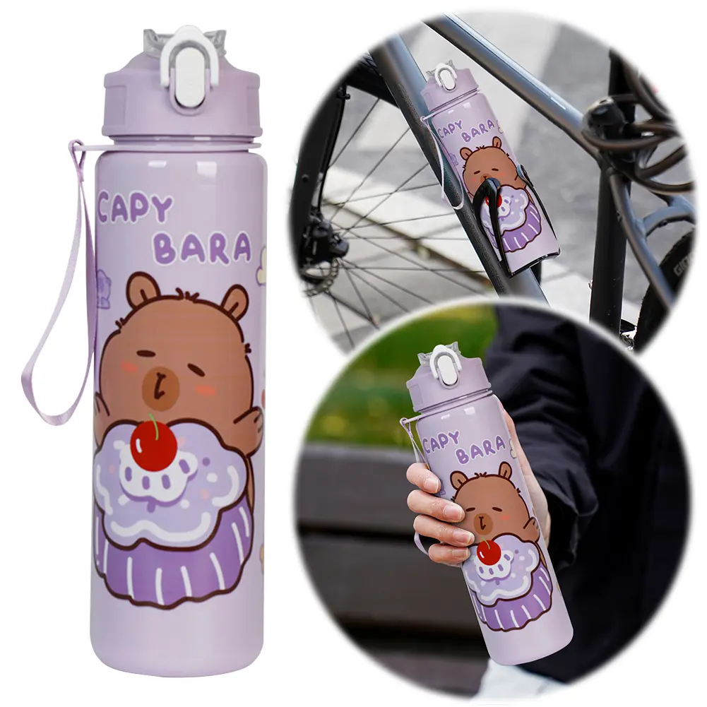 700ml Leak-Proof Water Bottle Capybara Cartoon Straw Cups Large-capacity Water Cups with Carry Strap Portable Bottle for Sports