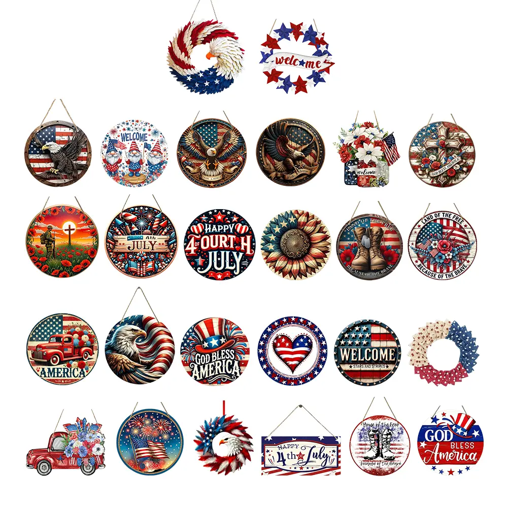 4th of July Hanging Door Sign Multi-Purpose Memorial Day Wreath Decorations Wooden Welcome Door Sign for Wall Front Porch