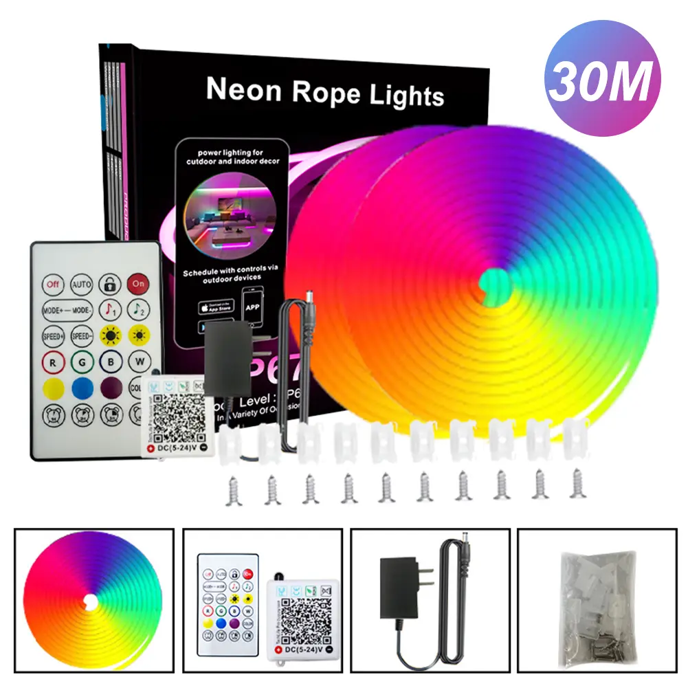 Flexible Neon Strip Light IP67 Waterproof Neon Rope Light Bluetooth-compatible Music Sync Remote/APP Control for Bedroom Decor