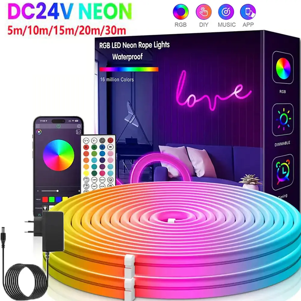 Flexible Neon Strip Light IP67 Waterproof Neon Rope Light Bluetooth-compatible Music Sync Remote/APP Control for Bedroom Decor