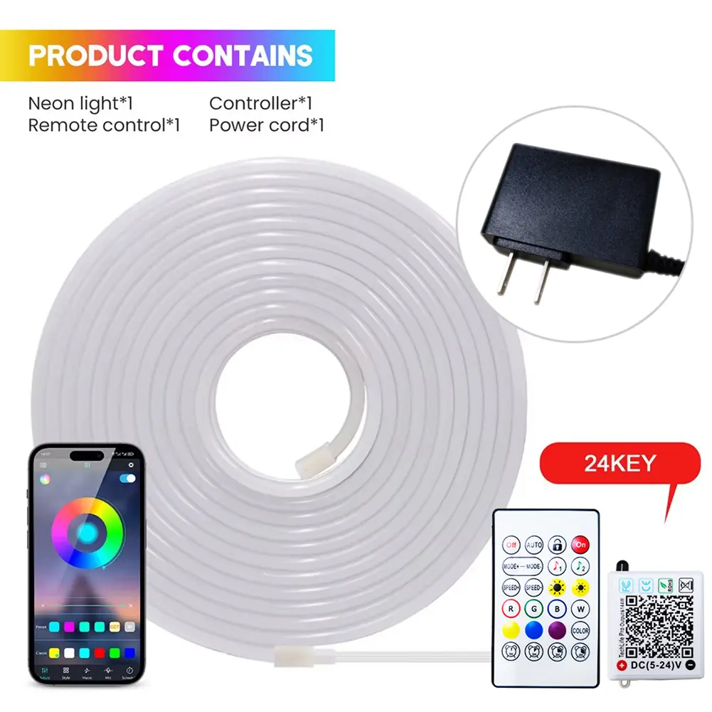 Flexible Neon Strip Light IP67 Waterproof Neon Rope Light Bluetooth-compatible Music Sync Remote/APP Control for Bedroom Decor