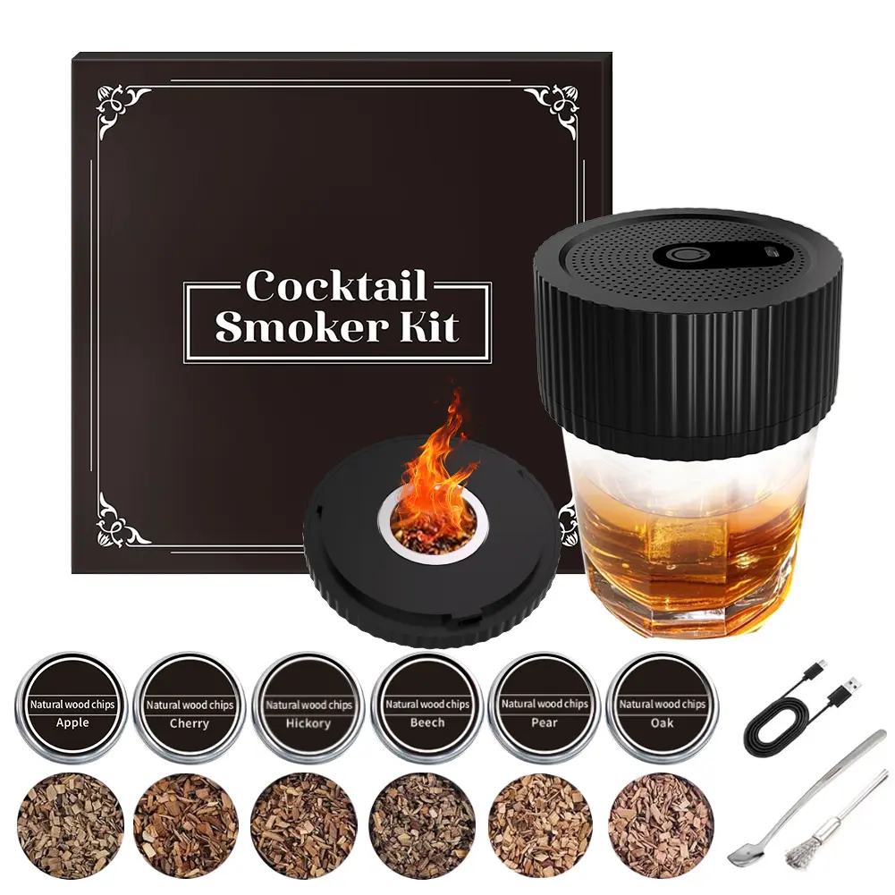 Glass Top Smoker Cocktail Smoker Kit With 6 Flavors Wood Chips Bartender Accessories For Whiskey Drinks Smoking Gift Kit for Men
