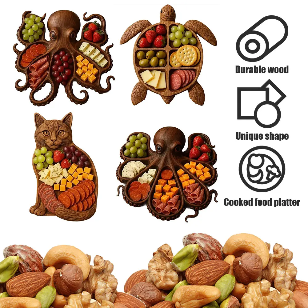 Wooden Tray Octopus Shaped Walnut Tray For Nuts Fruits Candies Desserts Snacks Jewelry Accessory Home Storage Tray Home Decor