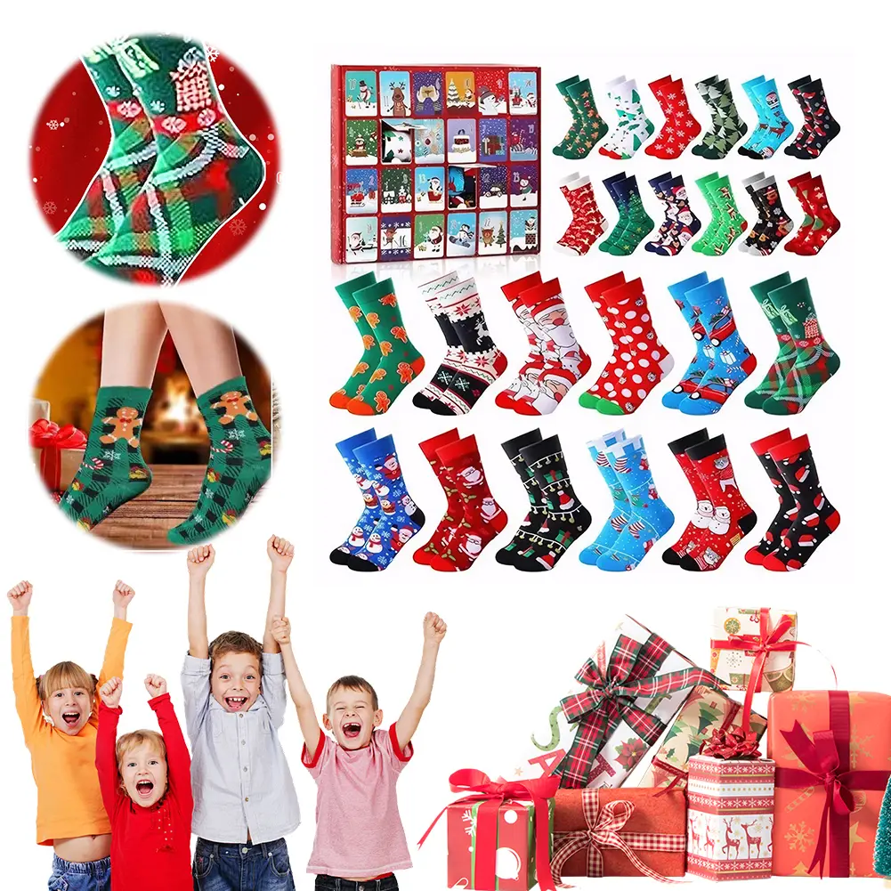 Christmas Sock Advent Calendar 2025 Xmas Countdown Calendar 24 Pair of Christmas Crew Socks Christmas Gifts for Adults Men Women