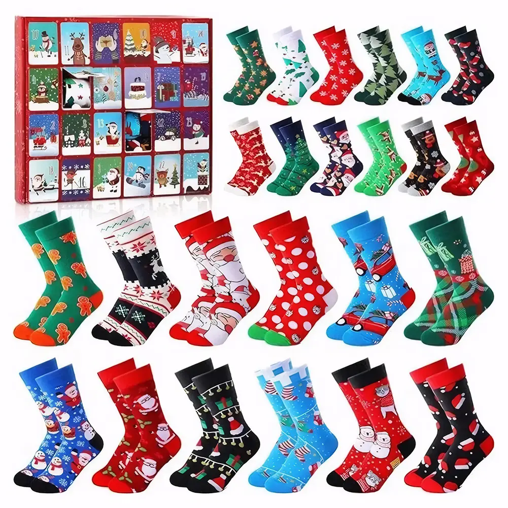 Christmas Sock Advent Calendar 2025 Xmas Countdown Calendar 24 Pair of Christmas Crew Socks Christmas Gifts for Adults Men Women