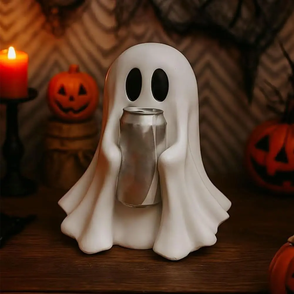 Cute Ghost Drink Holder Halloween Ghost Can Holder for Most Coke Soda Cans Desktop Resin Spooky Ornament for Indoor Home Decor