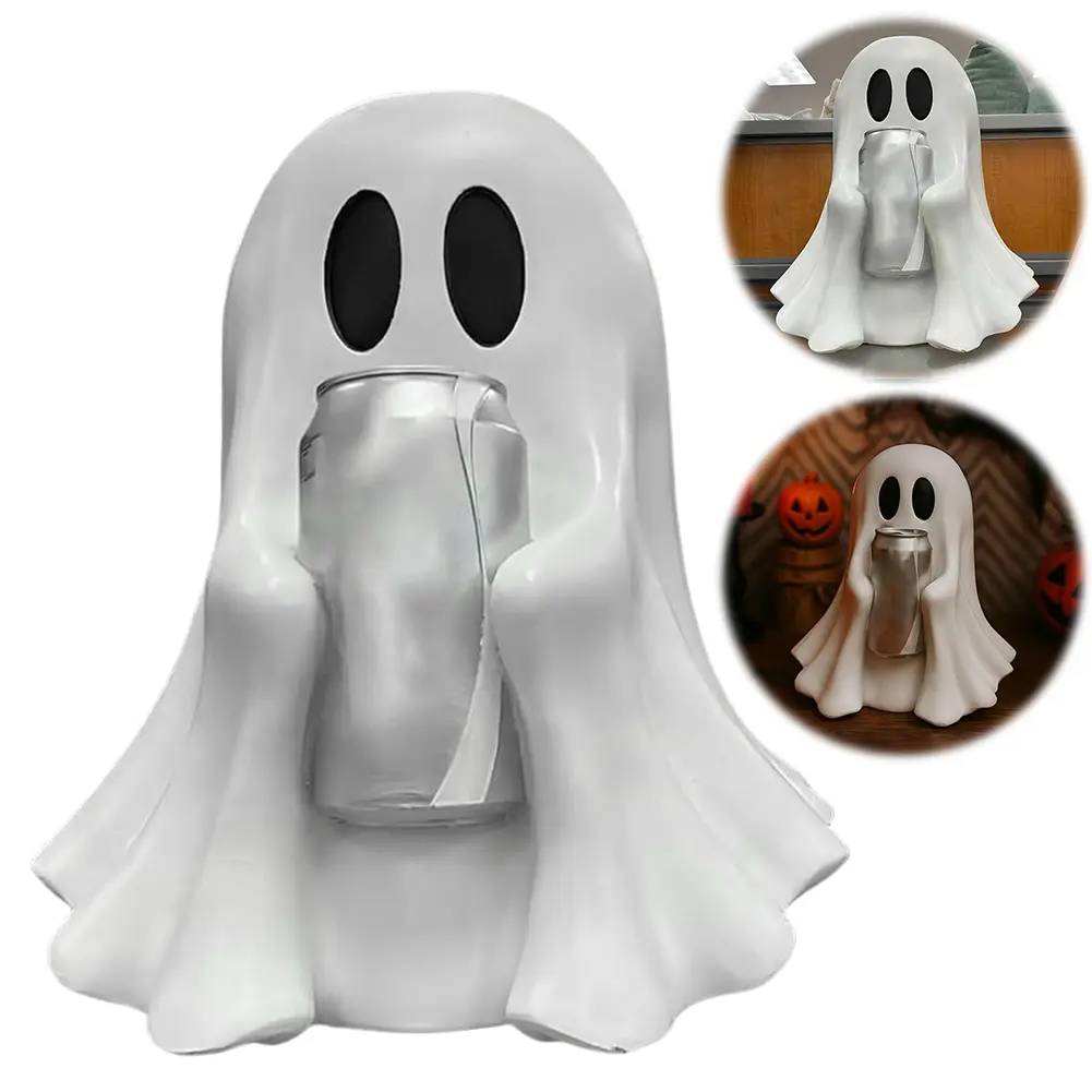 Cute Ghost Drink Holder Halloween Ghost Can Holder for Most Coke Soda Cans Desktop Resin Spooky Ornament for Indoor Home Decor