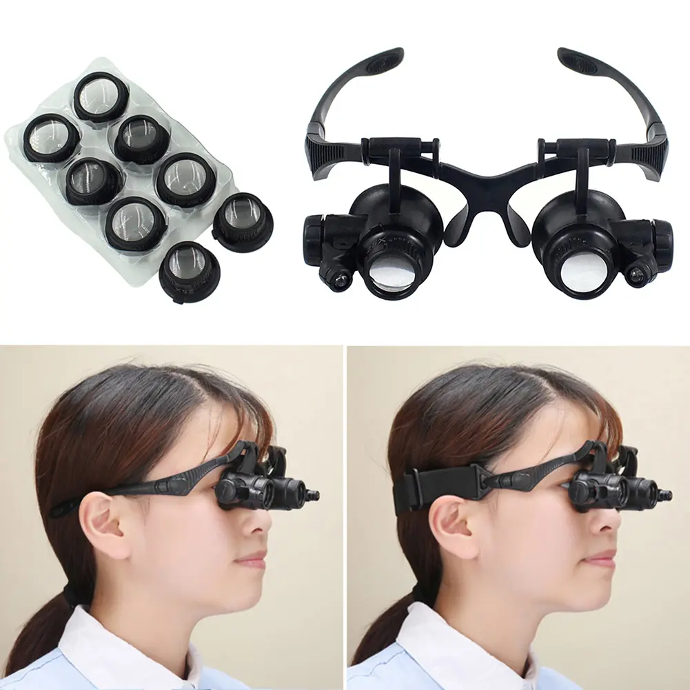 Head-mounted Magnifying Glasses With 2 LED Light For Reading Watchmaker Repair Jewelry Magnifier Eyewear 10X 15X 20X 23X 25X