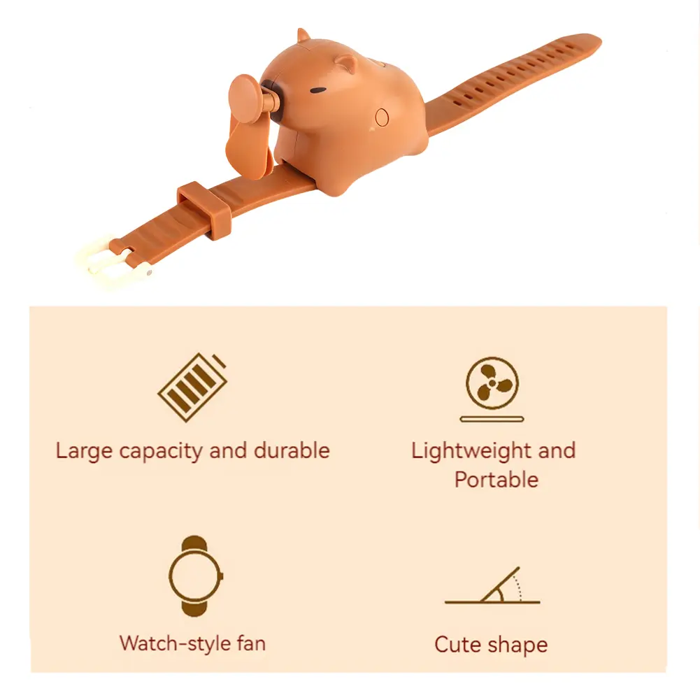 Cute Apybara Portable Wrist Fan 3 Speed USB Rechargeable Handheld Fan Watch Shape Cartoon Mini Fan for Boy Girl Birthday Gifts