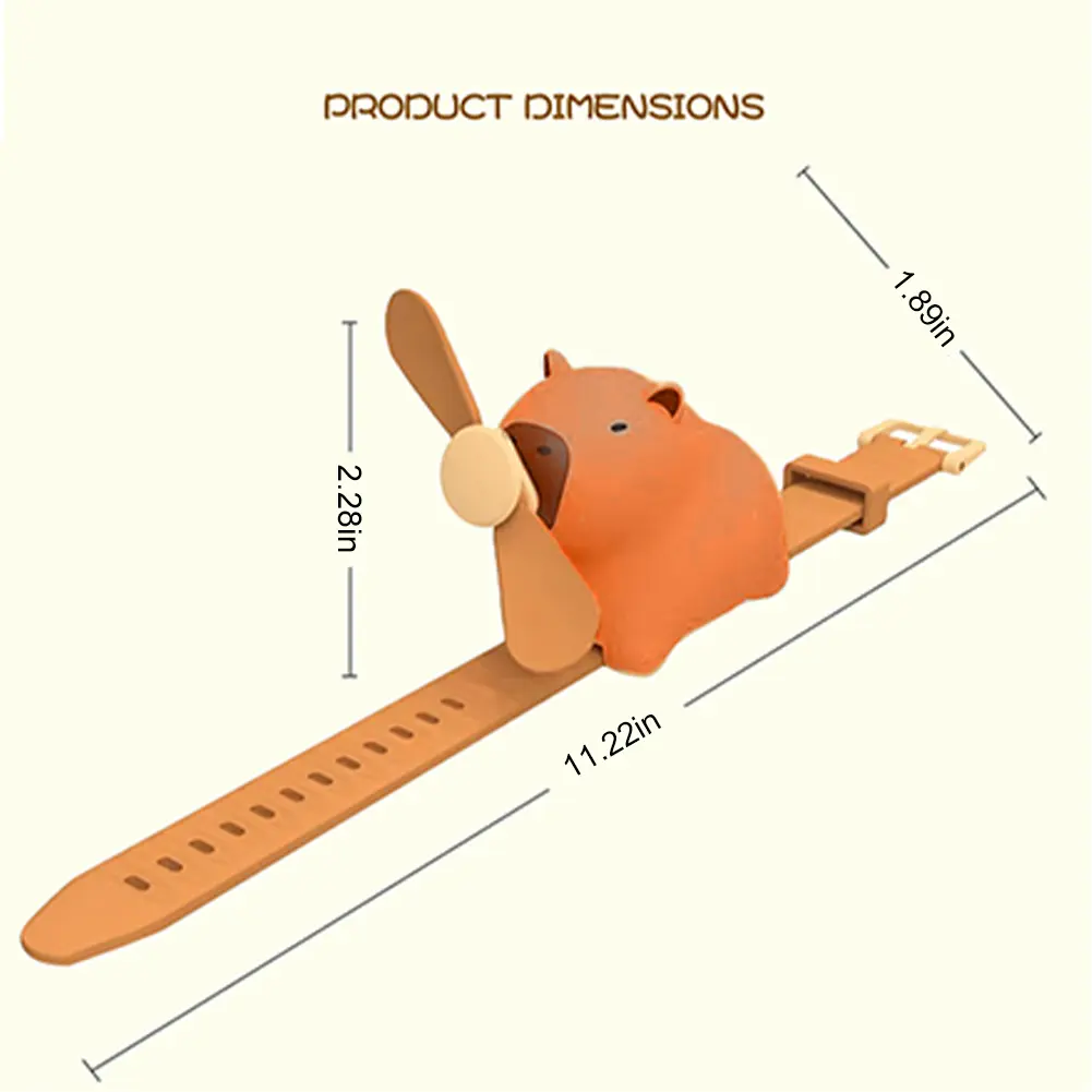 Cute Apybara Portable Wrist Fan 3 Speed USB Rechargeable Handheld Fan Watch Shape Cartoon Mini Fan for Boy Girl Birthday Gifts