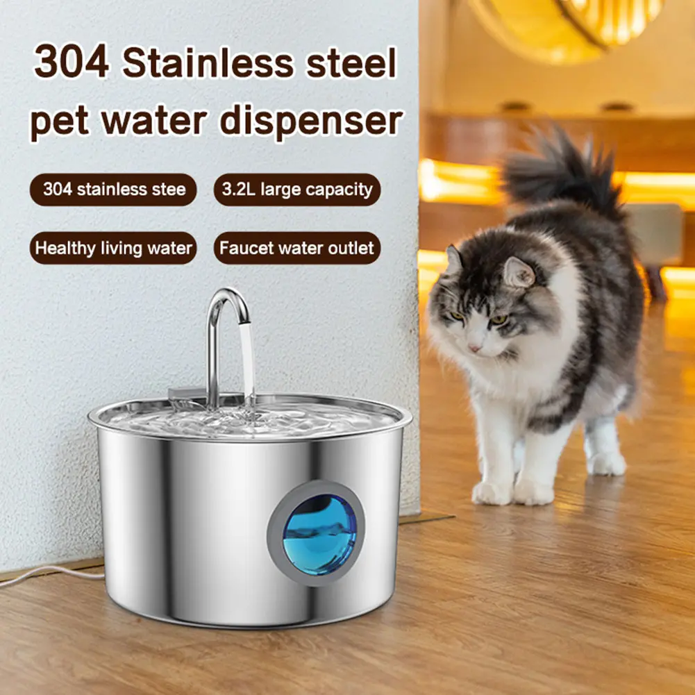 3.2L Pet Water Fountain Automatic Water Feeder Stainless Steel Drinking Fountain Triple Filtration for Pets & Small Animals