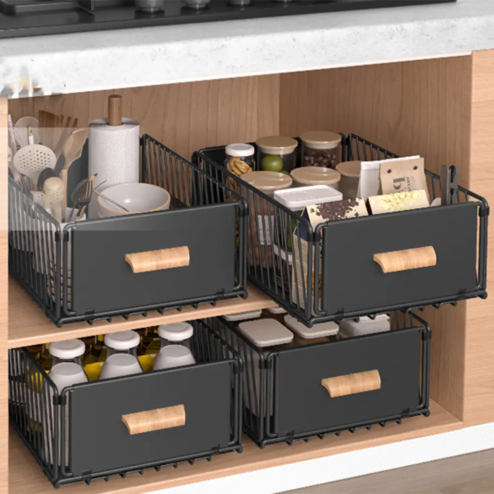 Metal Sliding Cabinet Organizer Punch-Free Multifunctional Basket Wear Resist Storage Basket Drawer for Kitchen & Bathroom