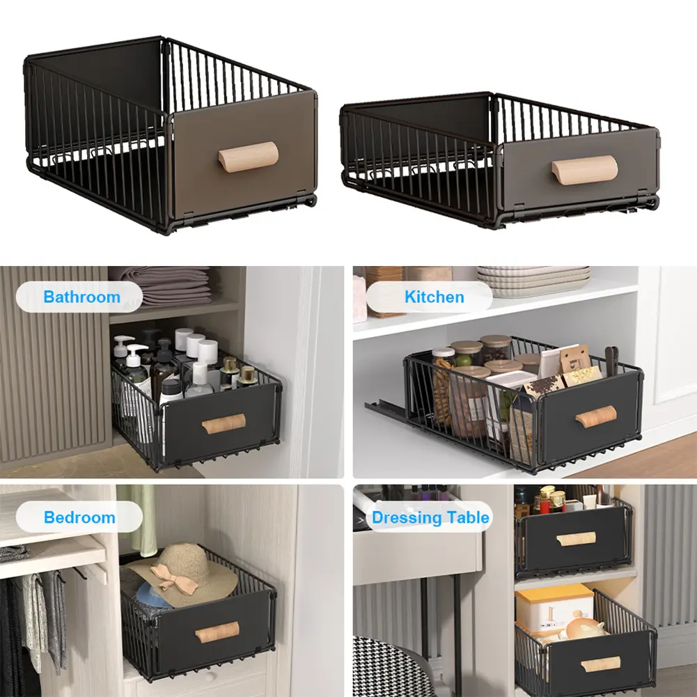 Metal Sliding Cabinet Organizer Punch-Free Multifunctional Basket Wear Resist Storage Basket Drawer for Kitchen & Bathroom